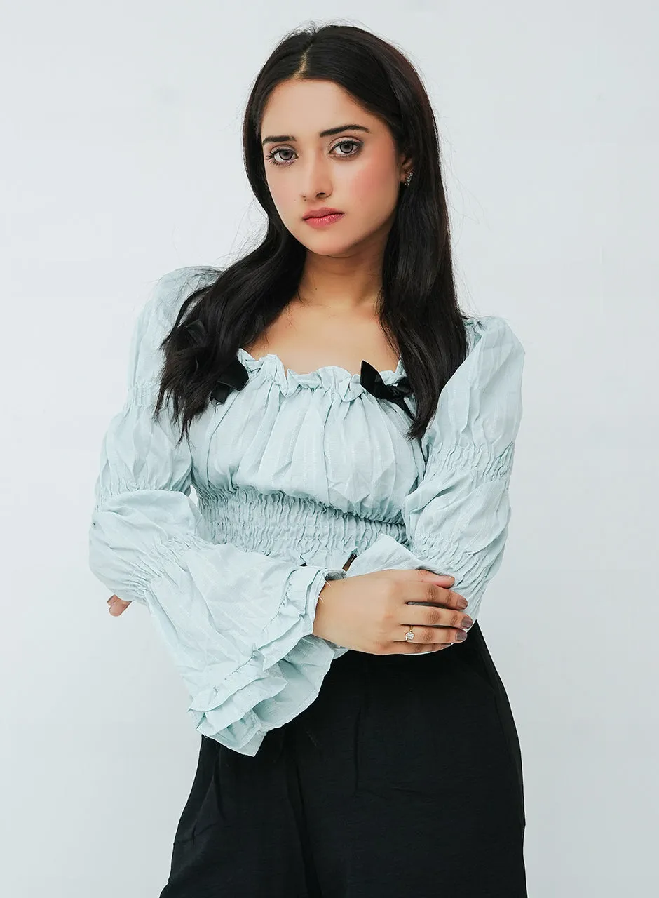 Pleated Tiered Sleeve Blouse - Blue