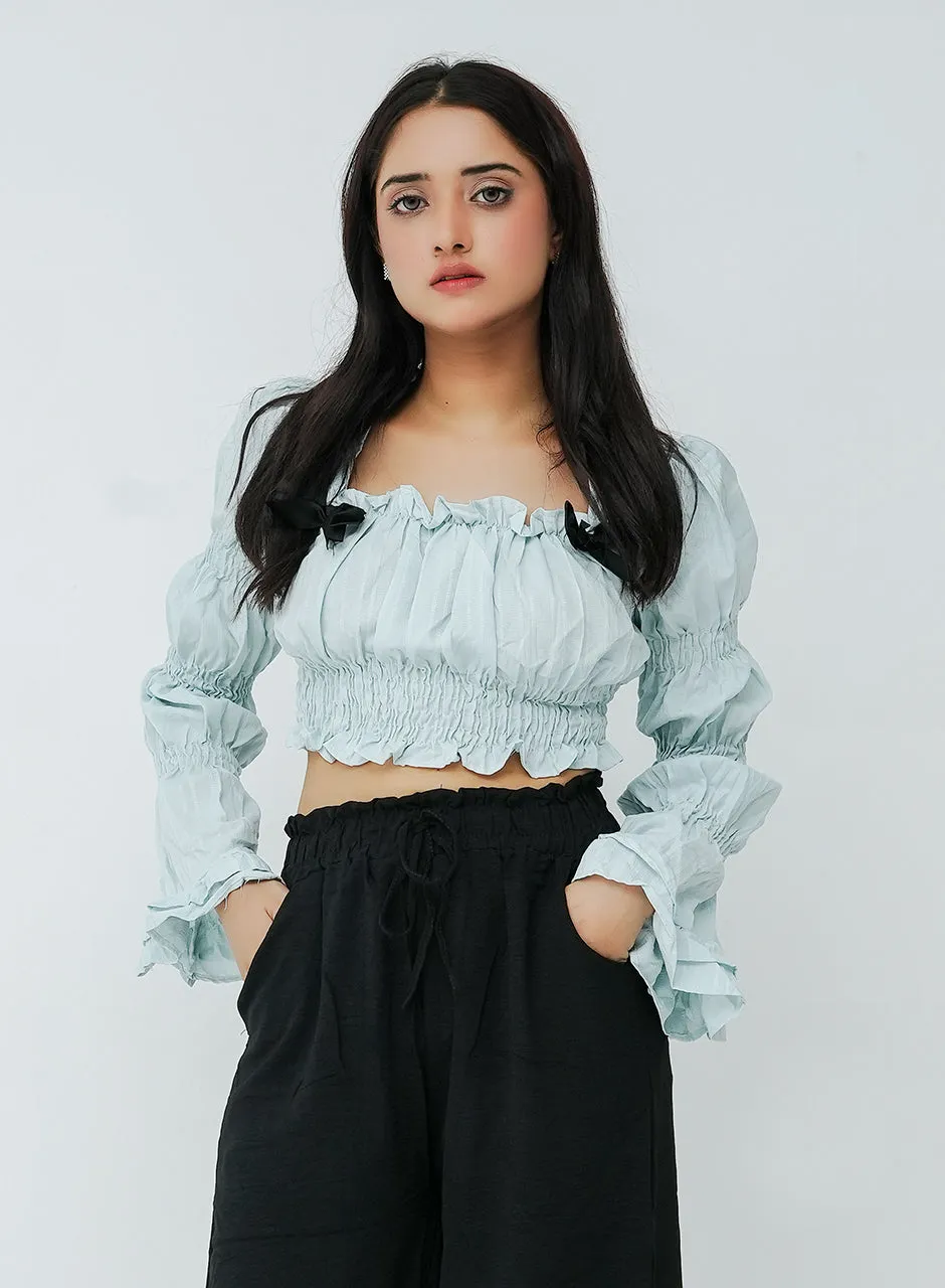 Pleated Tiered Sleeve Blouse - Blue