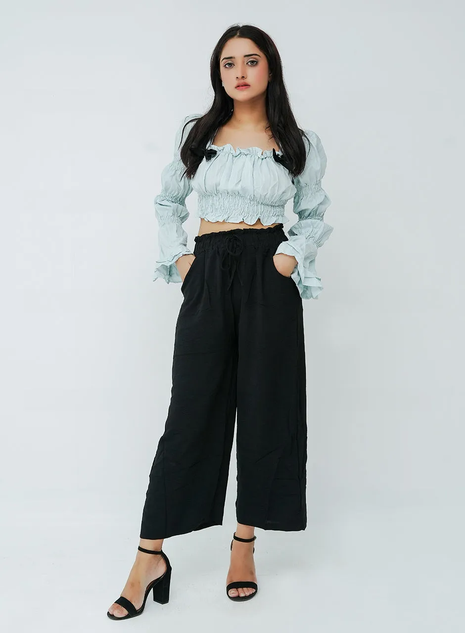 Pleated Tiered Sleeve Blouse - Blue