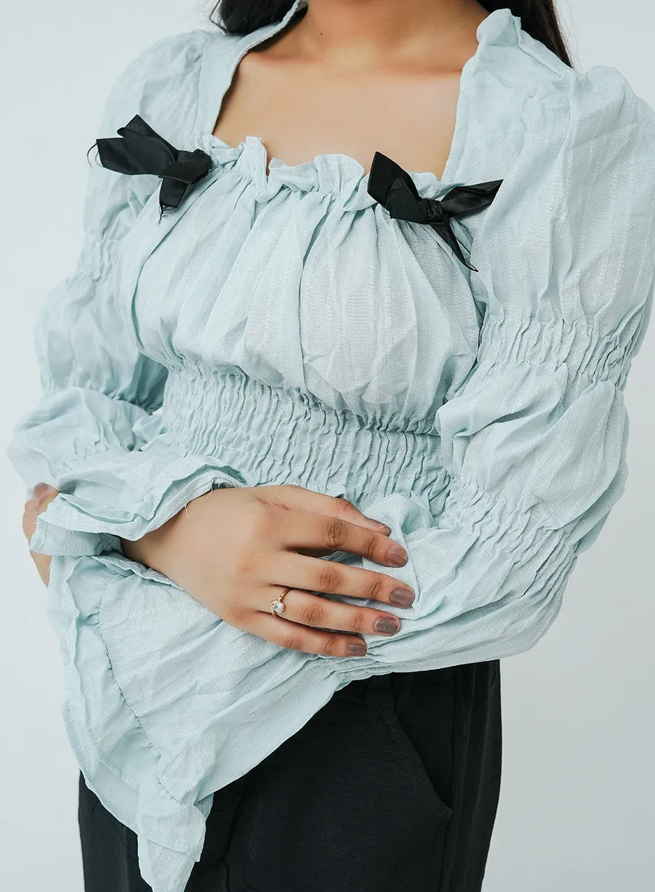 Pleated Tiered Sleeve Blouse - Blue