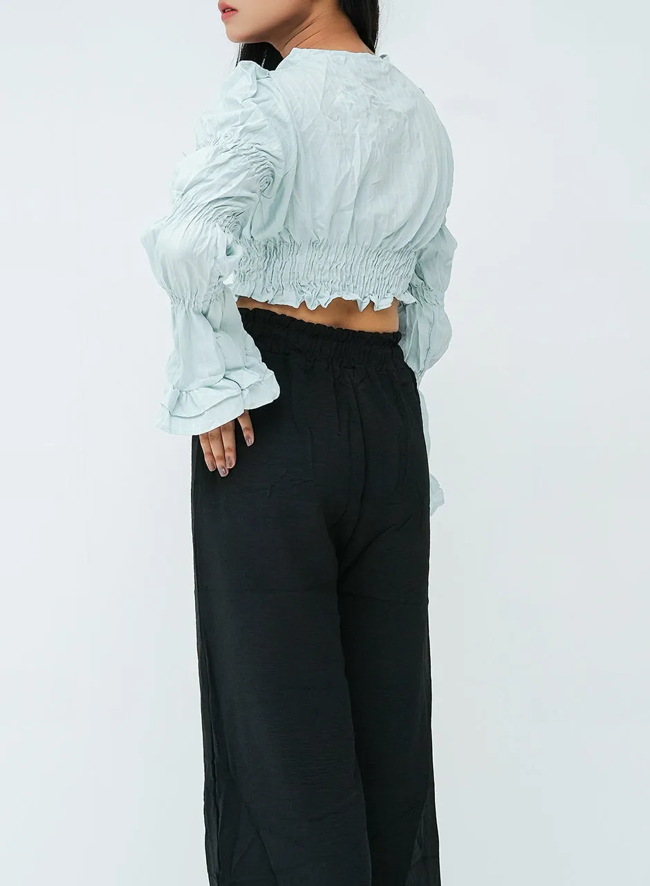 Pleated Tiered Sleeve Blouse - Blue