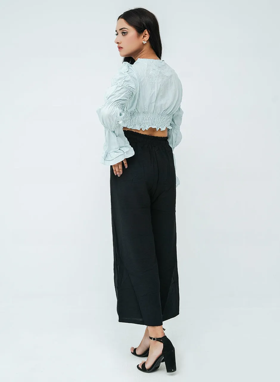 Pleated Tiered Sleeve Blouse - Blue