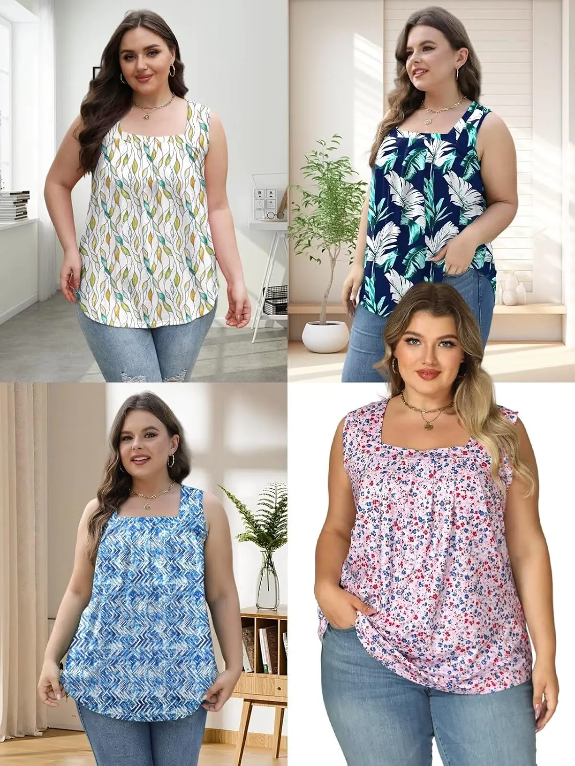 Plus-Size-Tank-Tops for Women Summer Pleated Square Neck Tunics Trendy Casual Floral Print Sleeveless Shirts 1X-5X