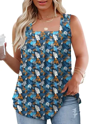 Plus-Size-Tank-Tops for Women Summer Pleated Square Neck Tunics Trendy Casual Floral Print Sleeveless Shirts 1X-5X