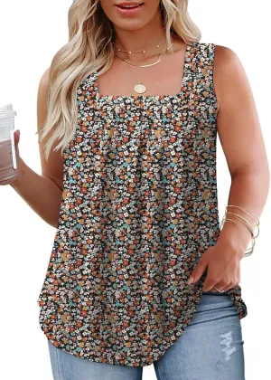 Plus-Size-Tank-Tops for Women Summer Pleated Square Neck Tunics Trendy Casual Floral Print Sleeveless Shirts 1X-5X