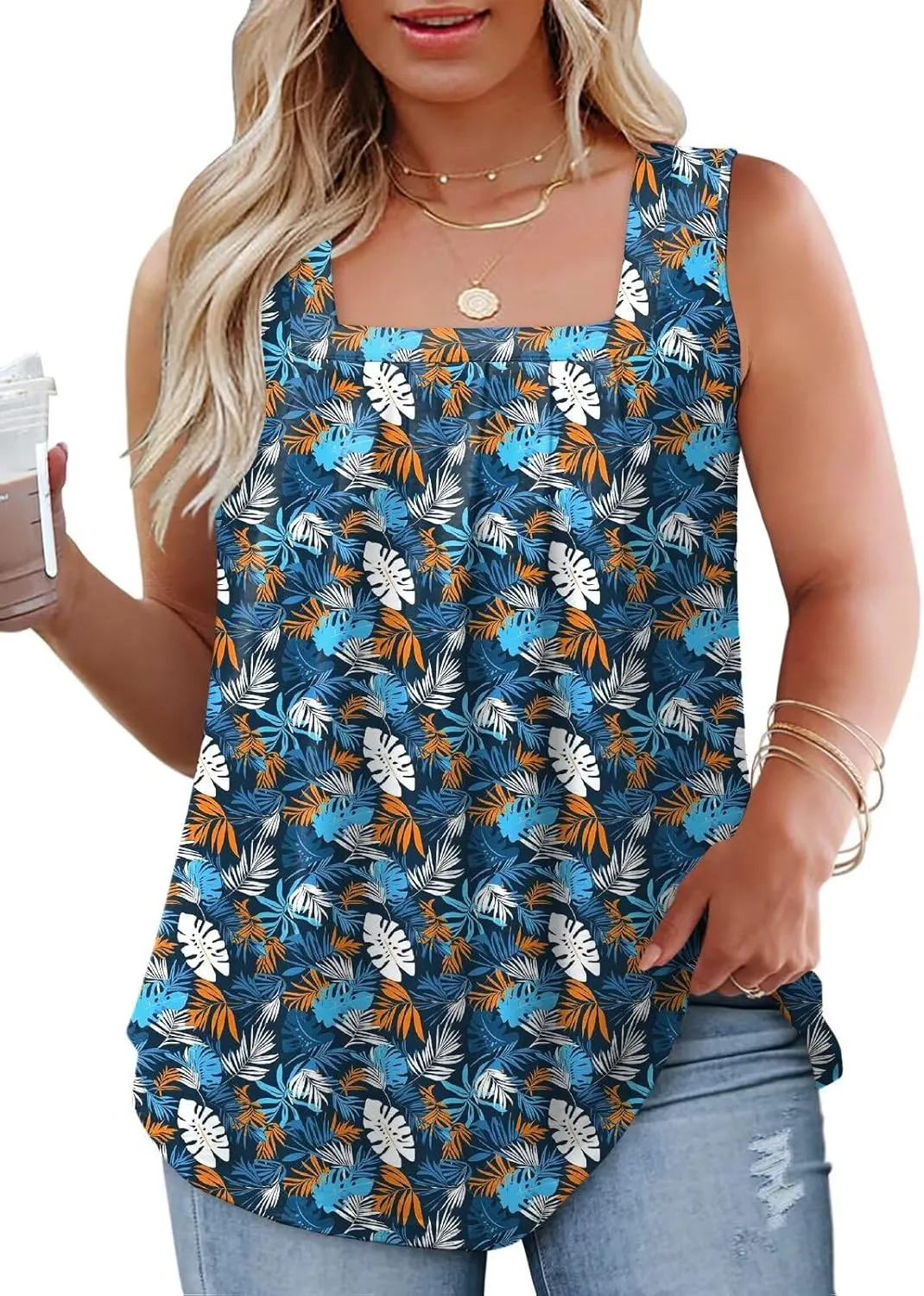 Plus-Size-Tank-Tops for Women Summer Pleated Square Neck Tunics Trendy Casual Floral Print Sleeveless Shirts 1X-5X
