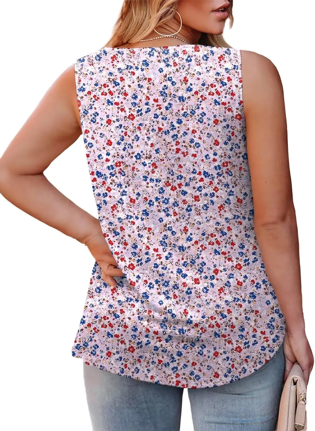 Plus-Size-Tank-Tops for Women Summer Pleated Square Neck Tunics Trendy Casual Floral Print Sleeveless Shirts 1X-5X