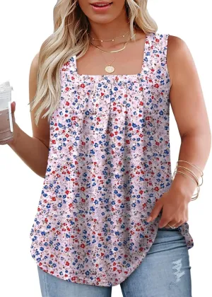 Plus-Size-Tank-Tops for Women Summer Pleated Square Neck Tunics Trendy Casual Floral Print Sleeveless Shirts 1X-5X