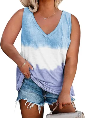 Plus Size Tank Tops for Women Summer Sexy V Neck Sleeveless T-Shirts Tops Casual Loose Tie Dye Tees Shirts with Pocket
