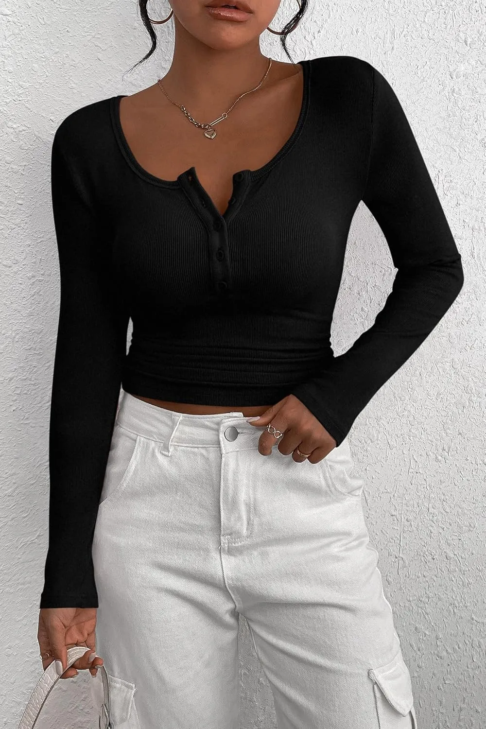 PRETTYGARDEN Women's 2025 Spring Fall Long Sleeve Henley T Shirts Button Ribbed Knit Slim Fit Casual Basic Tops Blouse