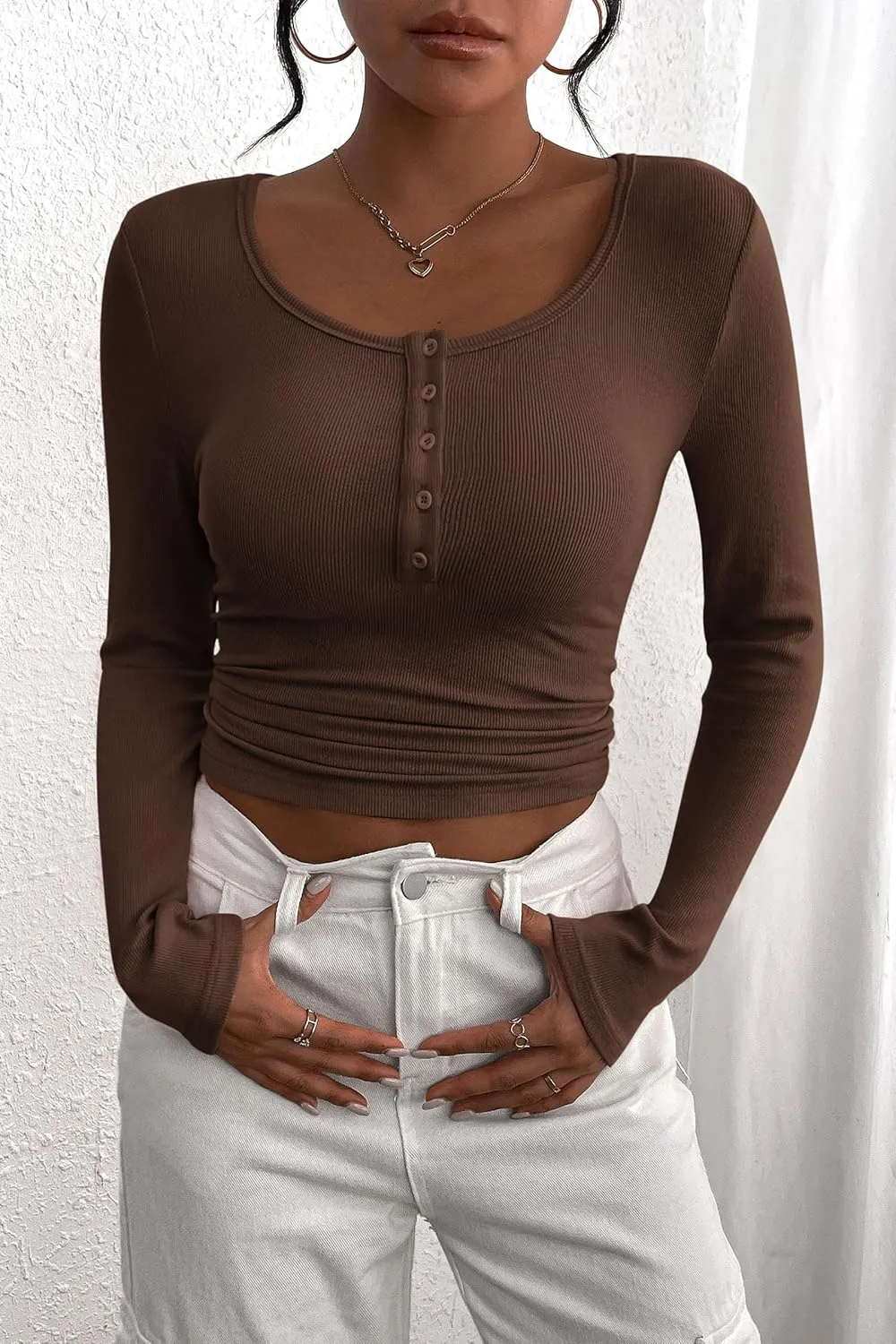PRETTYGARDEN Women's 2025 Spring Fall Long Sleeve Henley T Shirts Button Ribbed Knit Slim Fit Casual Basic Tops Blouse