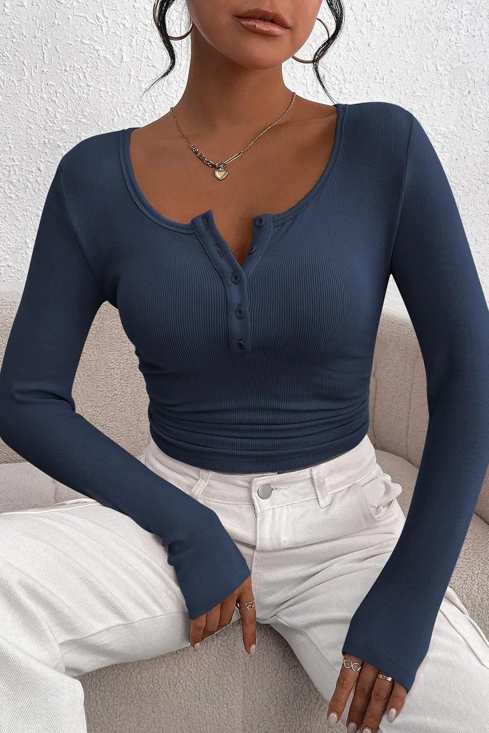 PRETTYGARDEN Women's 2025 Spring Fall Long Sleeve Henley T Shirts Button Ribbed Knit Slim Fit Casual Basic Tops Blouse