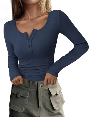 PRETTYGARDEN Women's 2025 Spring Fall Long Sleeve Henley T Shirts Button Ribbed Knit Slim Fit Casual Basic Tops Blouse