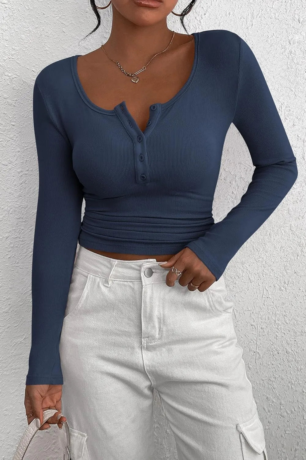 PRETTYGARDEN Women's 2025 Spring Fall Long Sleeve Henley T Shirts Button Ribbed Knit Slim Fit Casual Basic Tops Blouse
