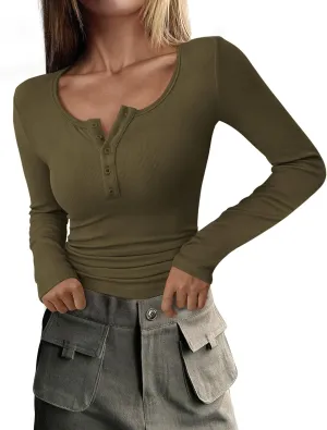 PRETTYGARDEN Women's 2025 Spring Fall Long Sleeve Henley T Shirts Button Ribbed Knit Slim Fit Casual Basic Tops Blouse