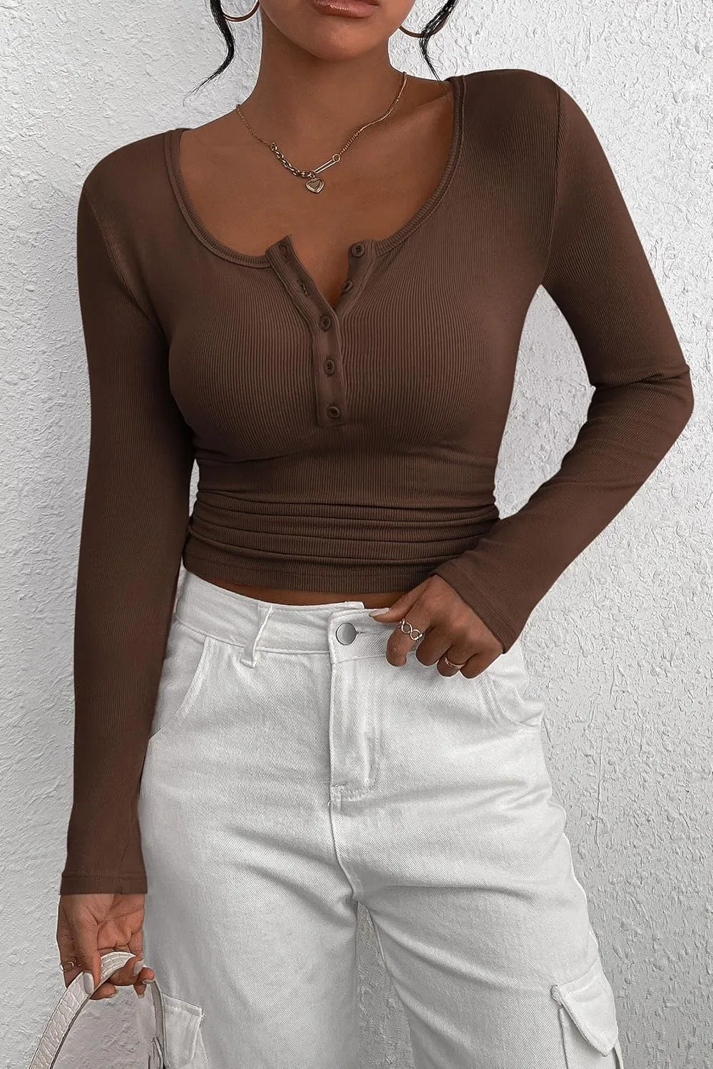 PRETTYGARDEN Women's 2025 Spring Fall Long Sleeve Henley T Shirts Button Ribbed Knit Slim Fit Casual Basic Tops Blouse