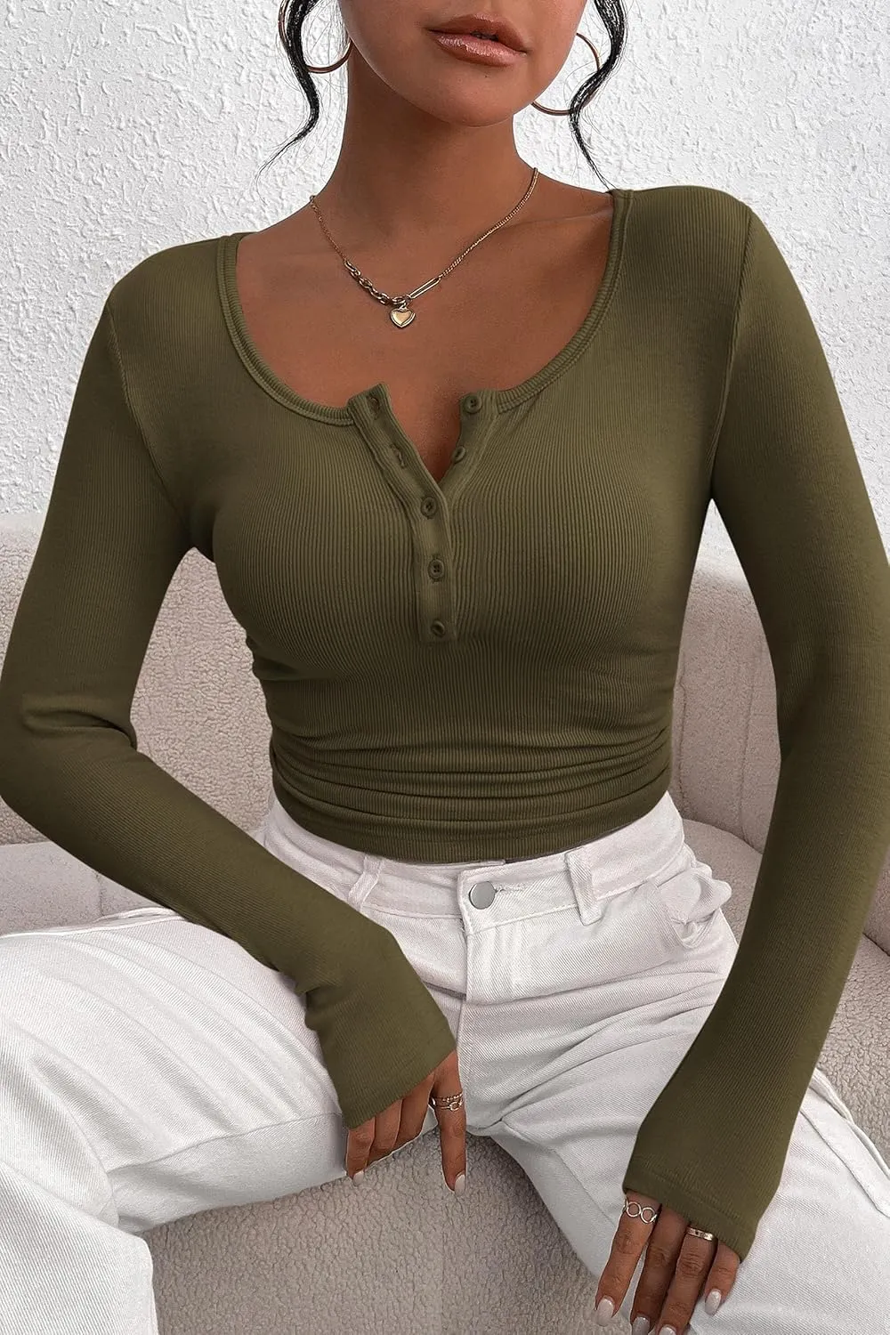 PRETTYGARDEN Women's 2025 Spring Fall Long Sleeve Henley T Shirts Button Ribbed Knit Slim Fit Casual Basic Tops Blouse