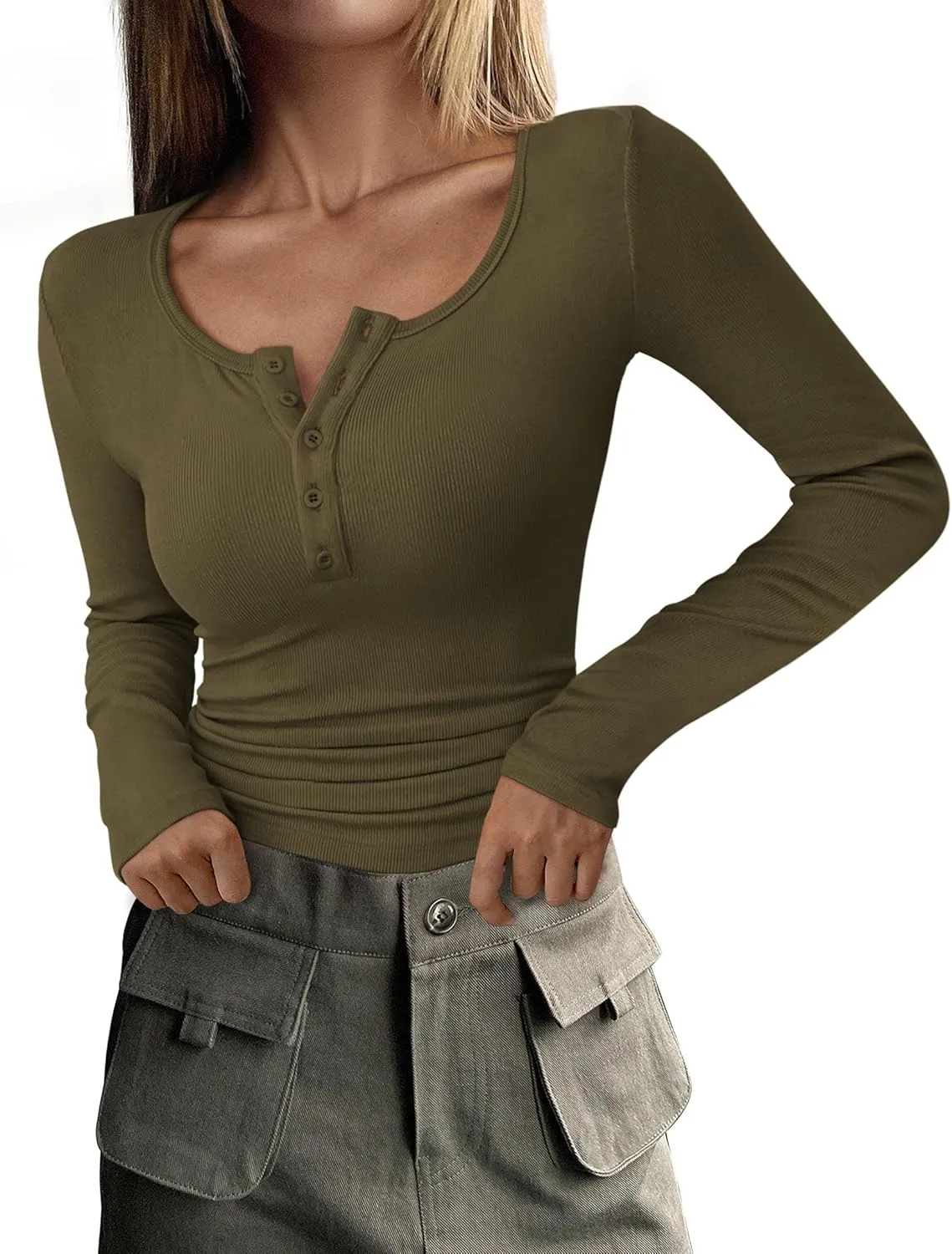 PRETTYGARDEN Women's 2025 Spring Fall Long Sleeve Henley T Shirts Button Ribbed Knit Slim Fit Casual Basic Tops Blouse