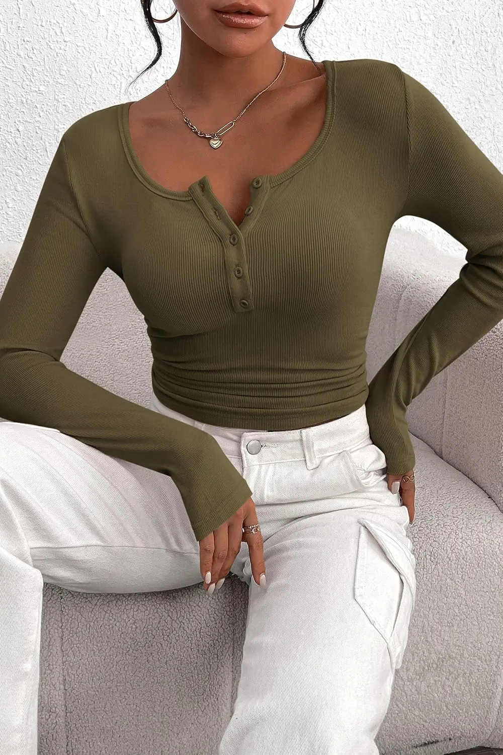 PRETTYGARDEN Women's 2025 Spring Fall Long Sleeve Henley T Shirts Button Ribbed Knit Slim Fit Casual Basic Tops Blouse