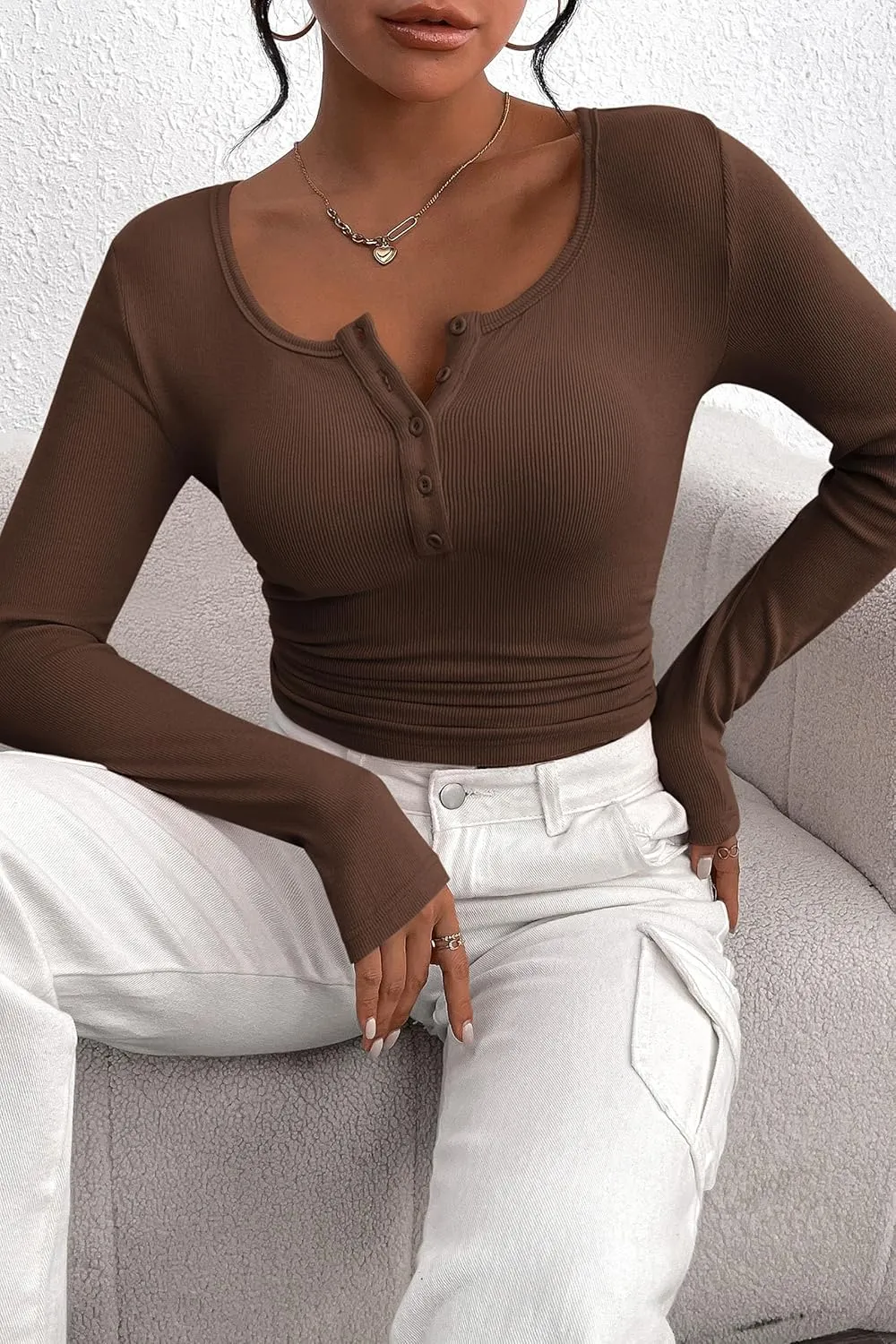 PRETTYGARDEN Women's 2025 Spring Fall Long Sleeve Henley T Shirts Button Ribbed Knit Slim Fit Casual Basic Tops Blouse