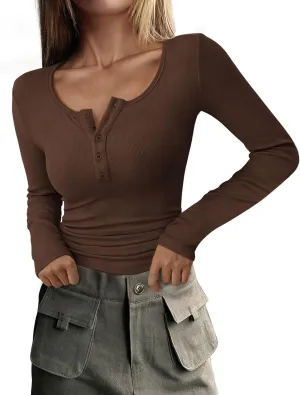 PRETTYGARDEN Women's 2025 Spring Fall Long Sleeve Henley T Shirts Button Ribbed Knit Slim Fit Casual Basic Tops Blouse