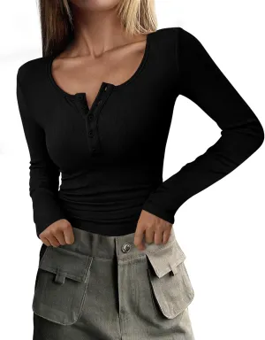 PRETTYGARDEN Women's 2025 Spring Fall Long Sleeve Henley T Shirts Button Ribbed Knit Slim Fit Casual Basic Tops Blouse
