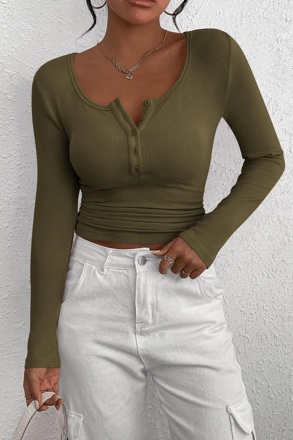 PRETTYGARDEN Women's 2025 Spring Fall Long Sleeve Henley T Shirts Button Ribbed Knit Slim Fit Casual Basic Tops Blouse