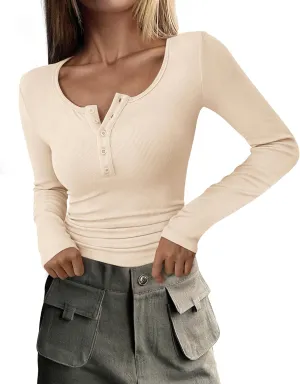 PRETTYGARDEN Women's 2025 Spring Fall Long Sleeve Henley T Shirts Button Ribbed Knit Slim Fit Casual Basic Tops Blouse