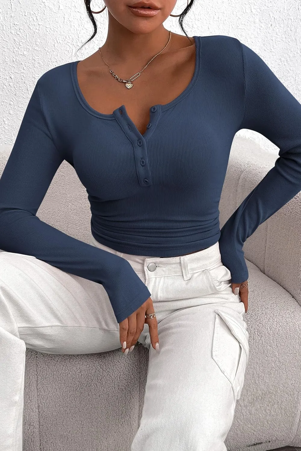 PRETTYGARDEN Women's 2025 Spring Fall Long Sleeve Henley T Shirts Button Ribbed Knit Slim Fit Casual Basic Tops Blouse