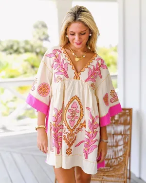 Print Dresses for Women with V-Neck Summer Cotton 3/4 Sleeves Casual Loose Fit Boho Vintage Floral Tunic Dress 2025