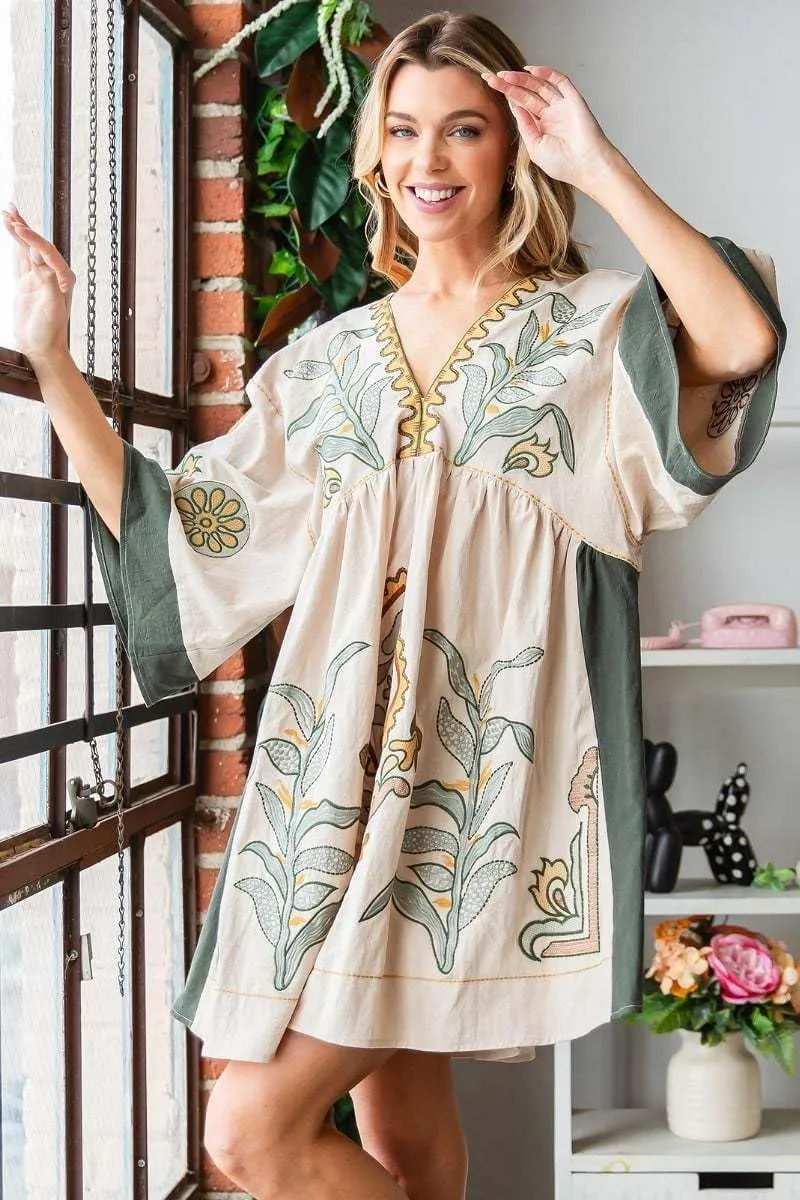 Print Dresses for Women with V-Neck Summer Cotton 3/4 Sleeves Casual Loose Fit Boho Vintage Floral Tunic Dress 2025