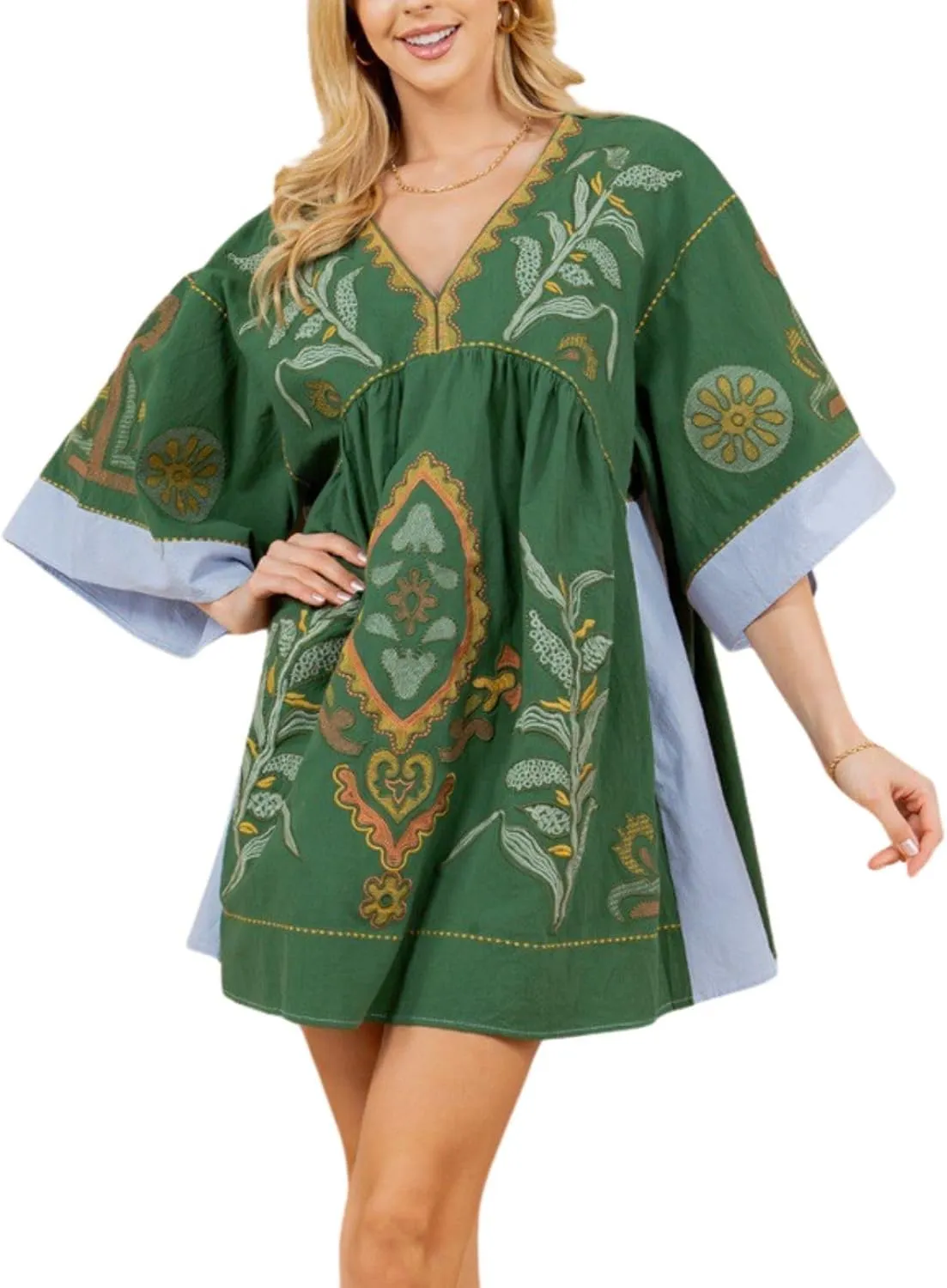 Print Dresses for Women with V-Neck Summer Cotton 3/4 Sleeves Casual Loose Fit Boho Vintage Floral Tunic Dress 2025