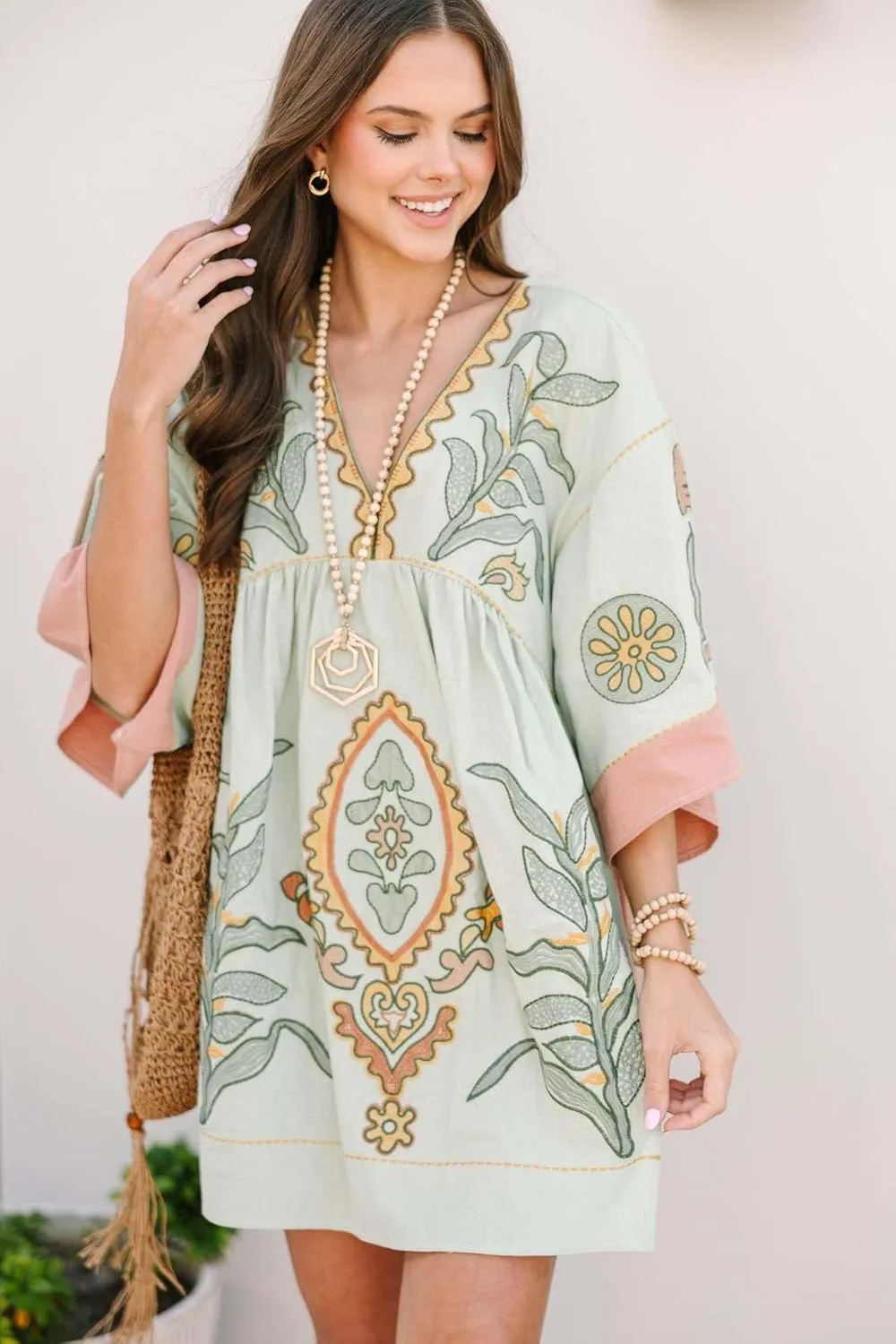 Print Dresses for Women with V-Neck Summer Cotton 3/4 Sleeves Casual Loose Fit Boho Vintage Floral Tunic Dress 2025