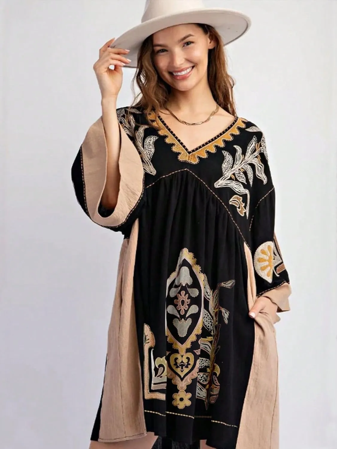 Print Dresses for Women with V-Neck Summer Cotton 3/4 Sleeves Casual Loose Fit Boho Vintage Floral Tunic Dress 2025
