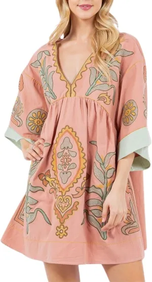 Print Dresses for Women with V-Neck Summer Cotton 3/4 Sleeves Casual Loose Fit Boho Vintage Floral Tunic Dress 2025