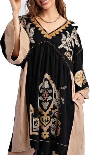 Print Dresses for Women with V-Neck Summer Cotton 3/4 Sleeves Casual Loose Fit Boho Vintage Floral Tunic Dress 2025