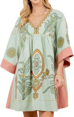 Print Dresses for Women with V-Neck Summer Cotton 3/4 Sleeves Casual Loose Fit Boho Vintage Floral Tunic Dress 2025