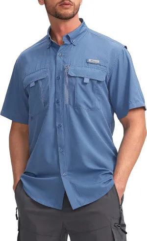 Pudolla Men's Fishing Shirts with Short Sleeves, Summer Travel Work Shirts, Button Down with UPF50  and Zipper Pockets