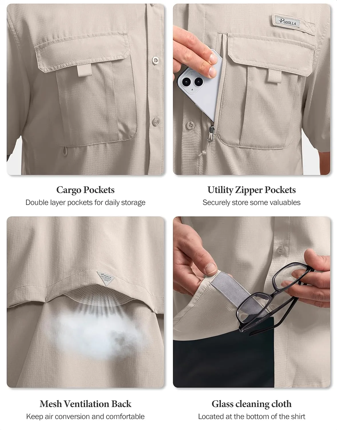 Pudolla Men's Fishing Shirts with Short Sleeves, Summer Travel Work Shirts, Button Down with UPF50  and Zipper Pockets
