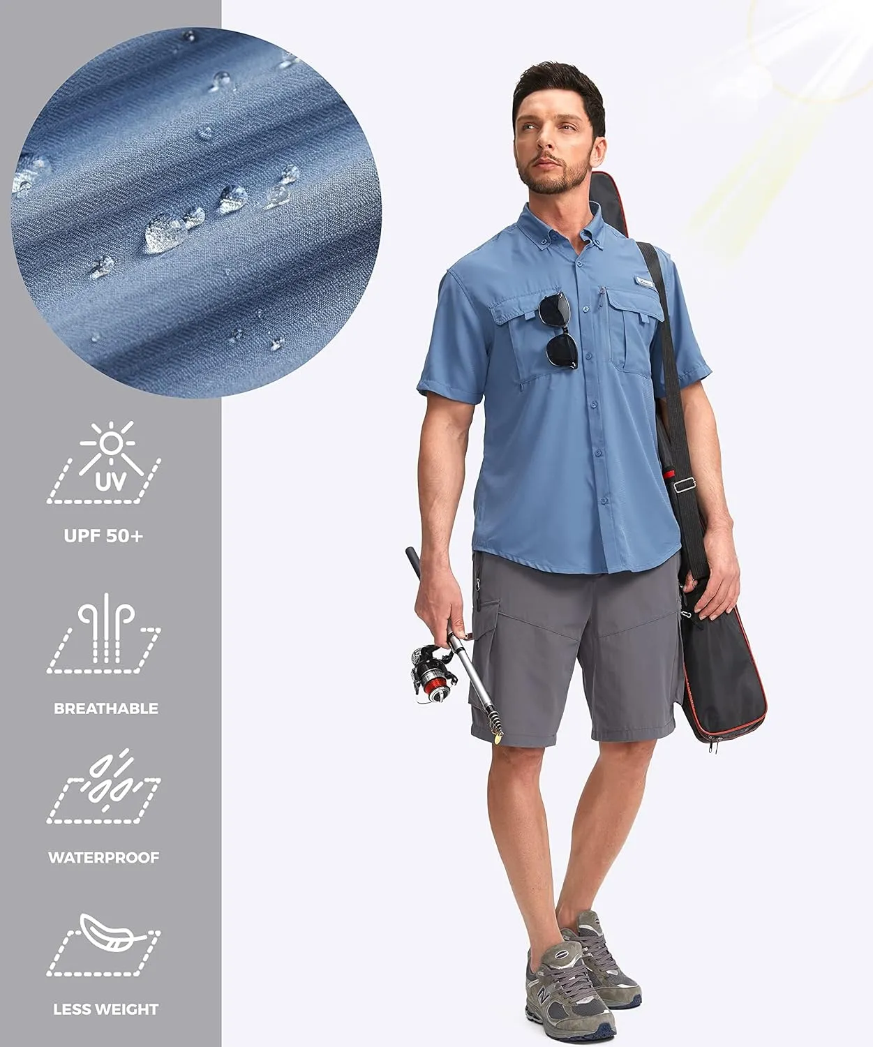 Pudolla Men's Fishing Shirts with Short Sleeves, Summer Travel Work Shirts, Button Down with UPF50  and Zipper Pockets