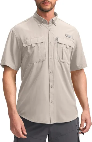 Pudolla Men's Fishing Shirts with Short Sleeves, Summer Travel Work Shirts, Button Down with UPF50  and Zipper Pockets