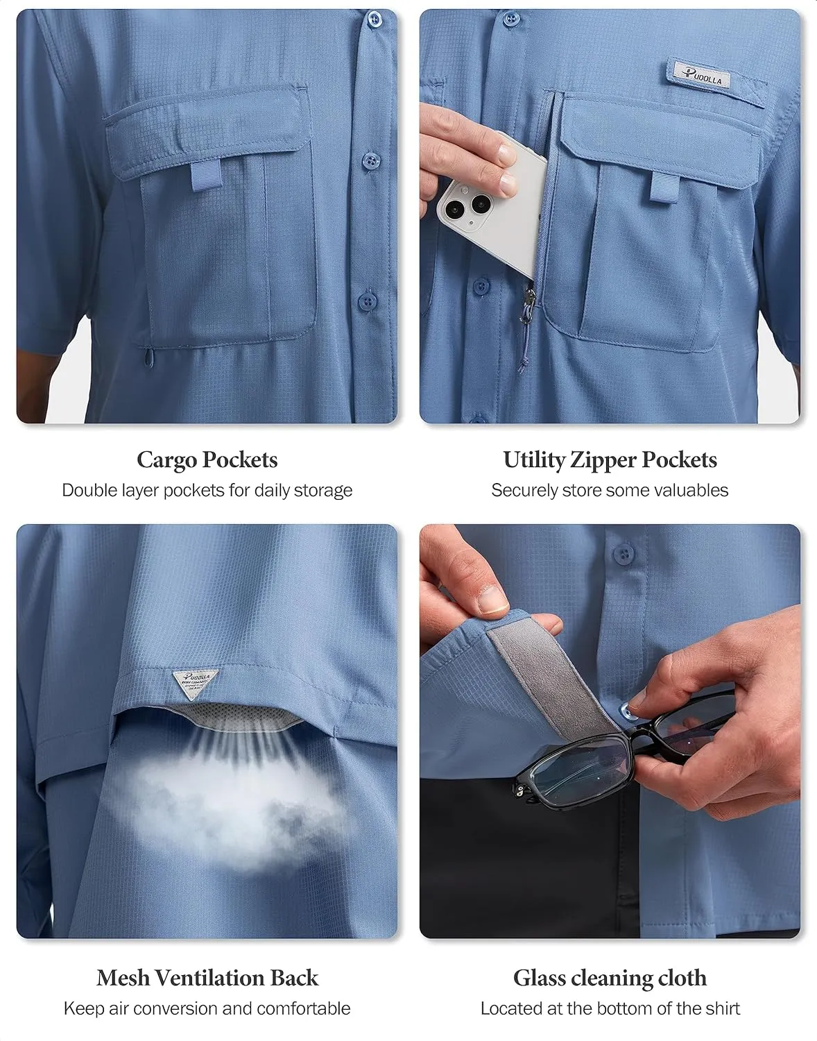 Pudolla Men's Fishing Shirts with Short Sleeves, Summer Travel Work Shirts, Button Down with UPF50  and Zipper Pockets