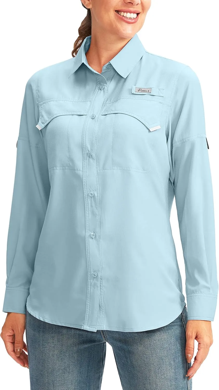 Pudolla Women's UPF 50  UV Sun Protection Shirts Long Sleeve Fishing Hiking Shirt Cool Lightweight Travel Safari Shirts