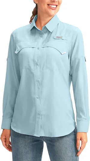 Pudolla Women's UPF 50  UV Sun Protection Shirts Long Sleeve Fishing Hiking Shirt Cool Lightweight Travel Safari Shirts