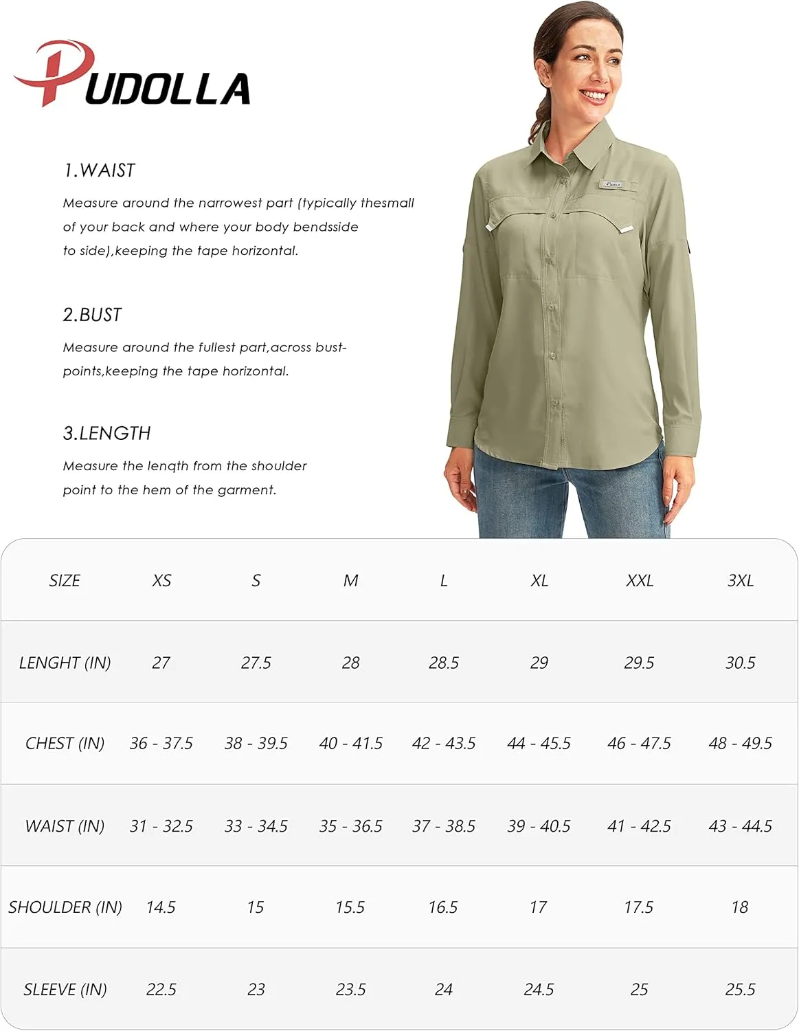 Pudolla Women's UPF 50  UV Sun Protection Shirts Long Sleeve Fishing Hiking Shirt Cool Lightweight Travel Safari Shirts