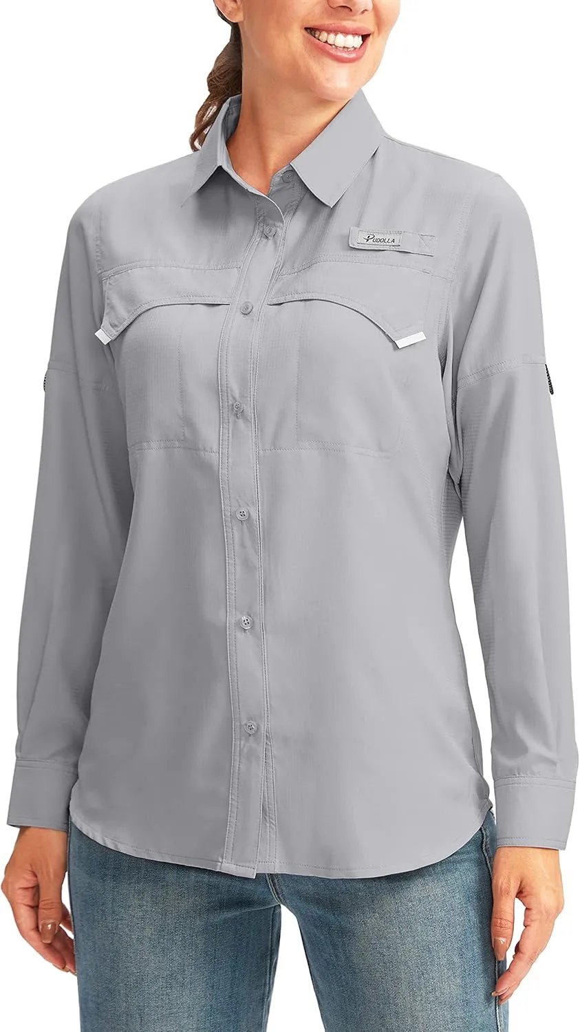Pudolla Women's UPF 50  UV Sun Protection Shirts Long Sleeve Fishing Hiking Shirt Cool Lightweight Travel Safari Shirts