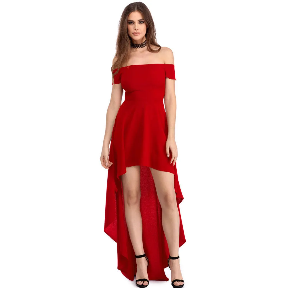 Pure Color Off-Shoulder High Waist Irregular Long Dress