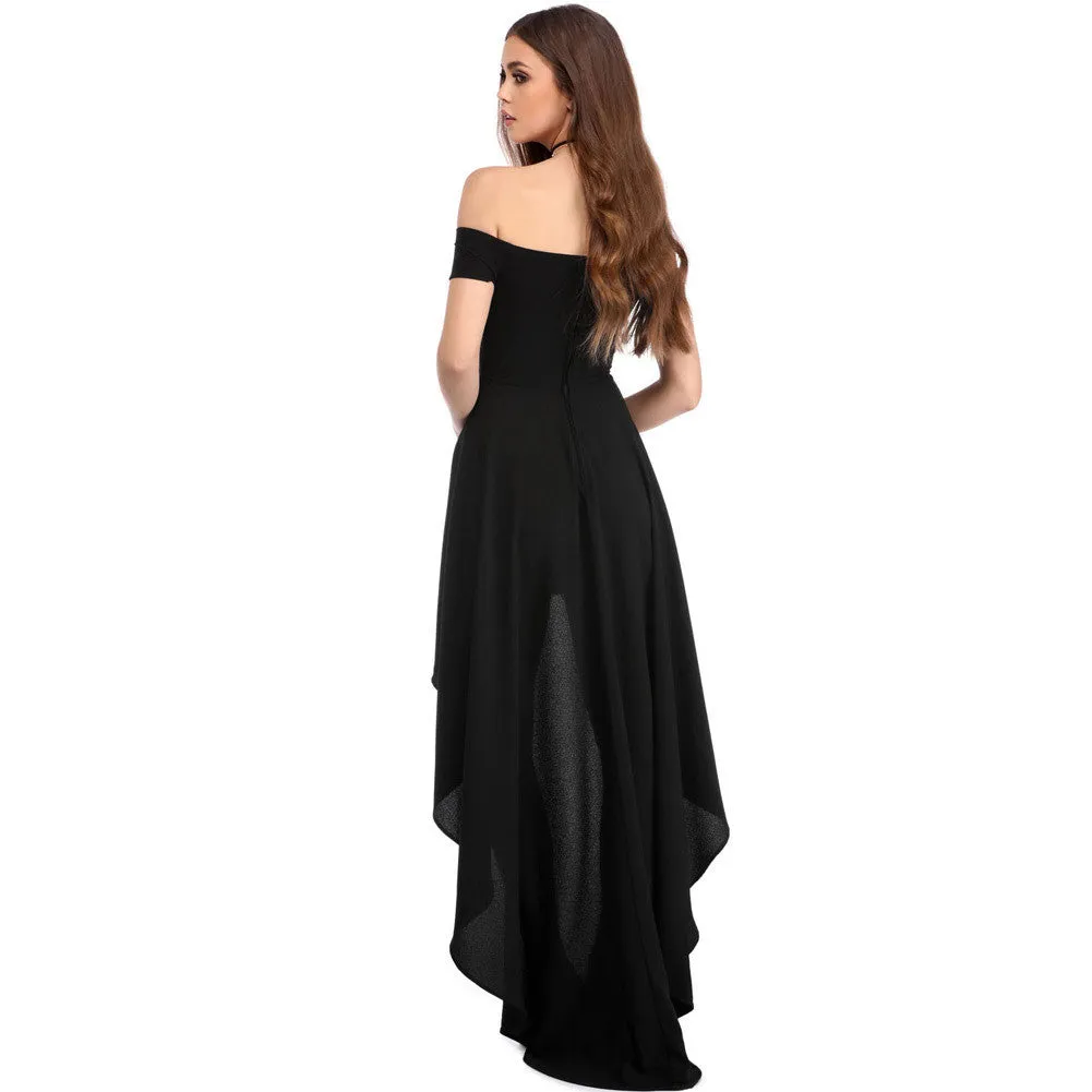 Pure Color Off-Shoulder High Waist Irregular Long Dress