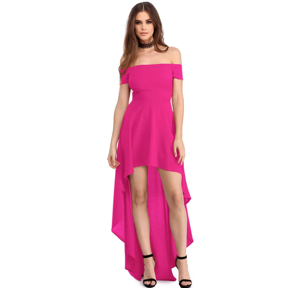 Pure Color Off-Shoulder High Waist Irregular Long Dress