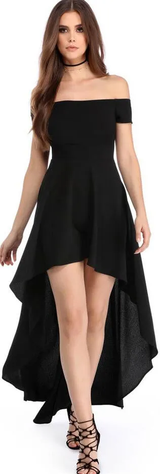 Pure Color Off-Shoulder High Waist Irregular Long Dress